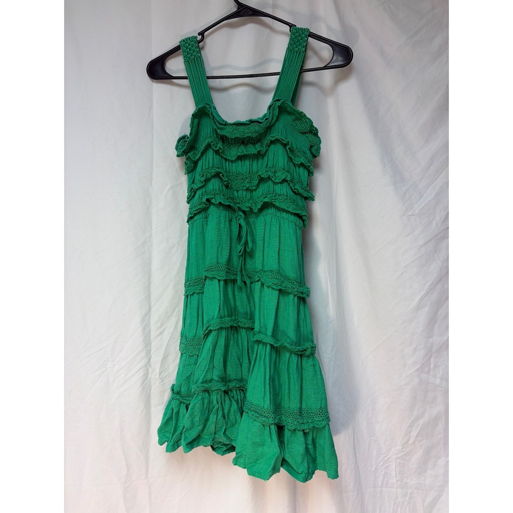 Vintage Havana Green Tiered Ruffle Crochet Lace Mini Dress Small Boho Summer